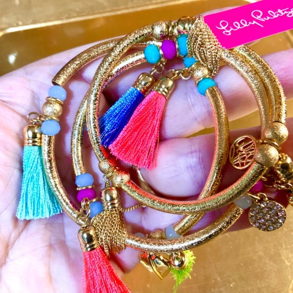 LILLY PULITZER NWT 3 pc BOHO GOLD TASSEL BRACELET TRIO - STRETCH - STACK - Picture 5 of 10